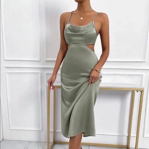 Shein Dresses | Crisscross Back Cutout Detail Satin Cami Dress | Color: Green | Size: L | Mei_X's Closet Shein Dresses | Crisscross Back Cutout Detail Satin Cami Dress | Color: Green | Size: L | Mei_X's Closet